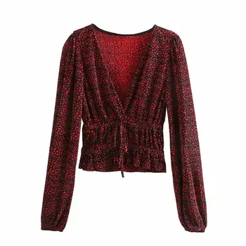 

2020 Women Deep V neck Pleated smock Shirts Office Lady Long Sleeve Red Leopard Print Casual roupas femininas blusas tops LS6149