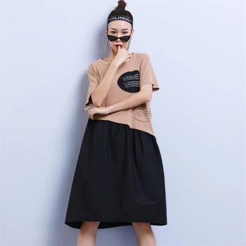 

Women Hit color Dress Europe America Style Short sleeve O-Neck Casual Summer Cotton Letter print pocket Loose Elegant Dresses