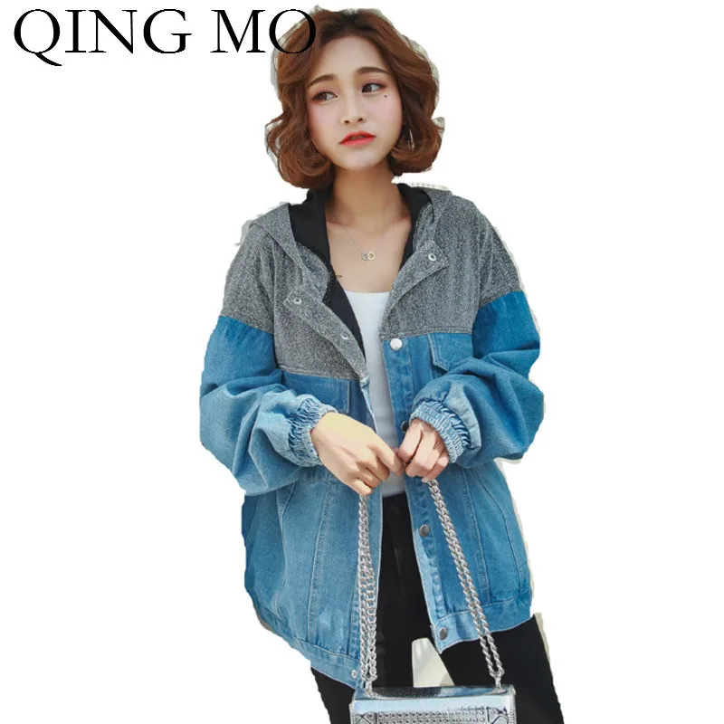 QING MO женские синие женские джинсовые куртки лоскутное цветное пальто с капюшоном Полная длина однобортное закрытое пальто 2019 осень ZQY1286