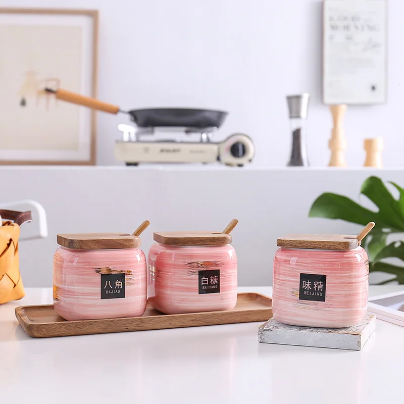 Ceramic Condiment Storage Jar Household Seasoning Pot Bamboo Tray Spice Jar Soy Sauce Box Salt Sugar Can Kitchen Organizer Tools