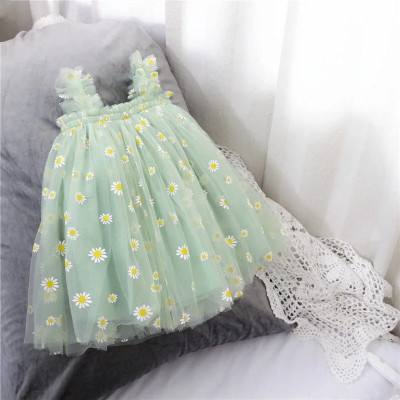 For 1-13 Y Daisy Flower Girls Birthday Dress Kid Children Clothing Sleeveless Floral Party Christmas Knee Length Mesh girls dress,kids clothes