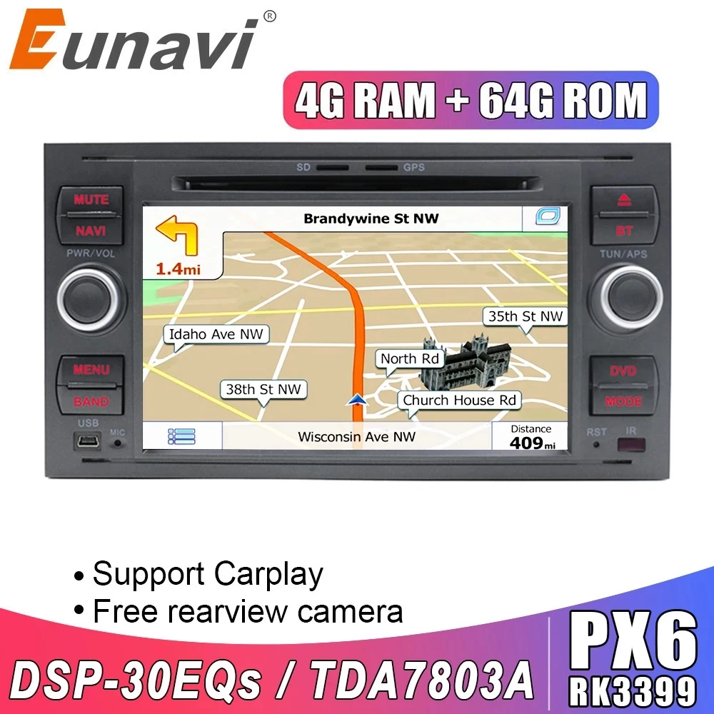 Eunavi 2 din Android 10 Car Radio DVD Multimedia GPS For Ford Mondeo S-max Focus C-MAX Galaxy Fiesta transit Fusion Connect kuga