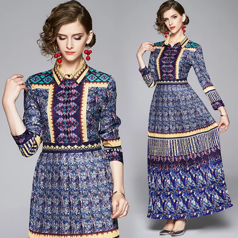 

2019 New Style Europe And America Versitile Fashion Waist Hugging Slimming Positioning Printed Shirt Collar Pleated Dress