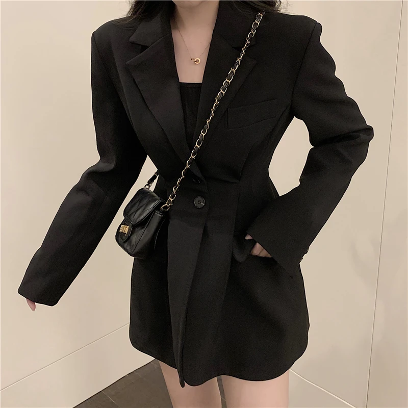 black blazers Женский оранжевый хлопковый приталенный Блейзер с карманами, две пуговицы, длинный рукав, офисная одежда, пальто, однотонная женская повседневная верхняя одежда, топы - Цвет: black blazers