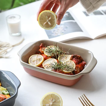 

8.7/12.2 inch Orange Ceramic Dinner Plate Rectangular Baking Tray Salad Pasta Dish Dinnerware with Double Handle