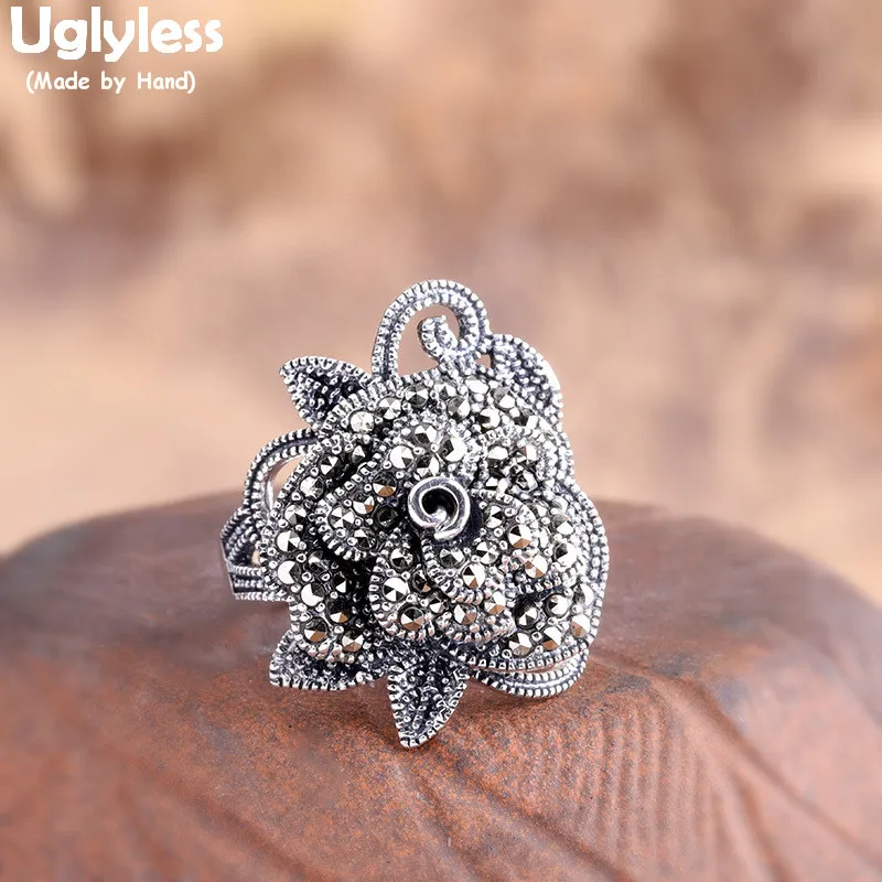 

Uglyless Heavy Work Handmade Flower Rings for Women Marcasite Floral Wide Open Rings Real 925 Silver Bijoux Ethnic Jewelry R912