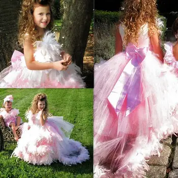 

2020 Tulle Feather Ball Gown with Bowknot Back Floor Length Flower Girl Dresses for Wedding Party Pageant Pink Feather Dress