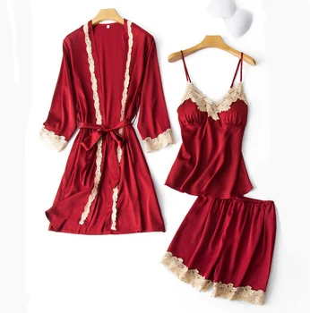 

Pajamas Set Sexy Womens Strap Pijamas 3PCS V-Neck Nightdress Robe Gown Lady Sleep Suit Sleepshirt Kimono Negligee Home Clothing