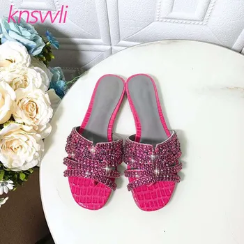 

Rhinestone Flat Slippers Women Crystal Chain Flip Flops Ladies Mules Runway Summer Sandals Designer Glitter Shoes Woman Slides