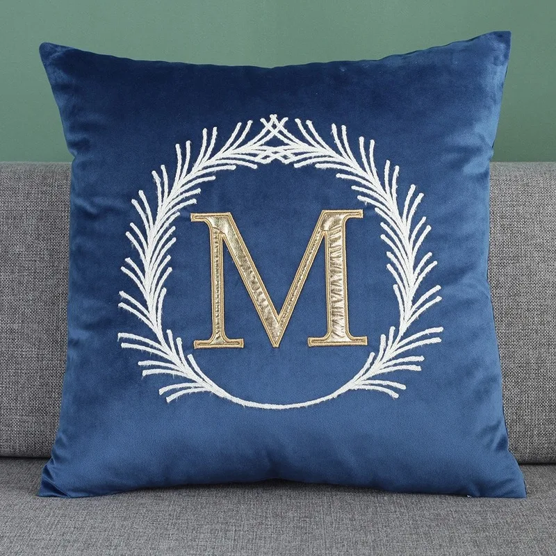

45x45cm Luxury Nordic Simple Color Dutch Velvet Letters M Embroidered Sofa Cushion Cover Home Hotel Villa Cafe Pillowcase