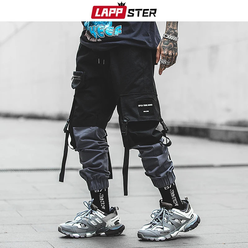 

Pachwork Cargo Pants 2019 Streetwear Hip Hop Ribbons Joggers Pants Men Japanese Style Black Casual Track Pants Fashions