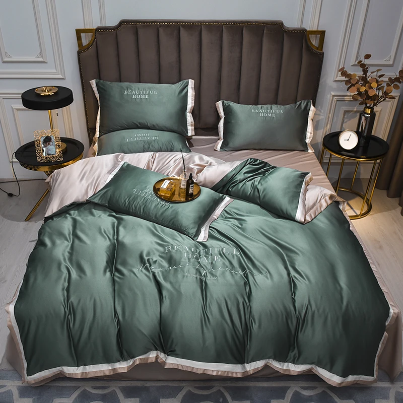 Luxury Bedding Sets Pink Grey White Rayon Embroidery Sheet Quilt Pillowcase Comfortable Soft Fluffy Bedding King Queen 4pcs 