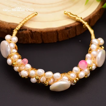

GLSEEVO Handmade Natural Fresh Water Baroque Pearls Adjustable Bangle&Bracelet For Girls Daughter Gifts Women's Jewelry GB0060-B