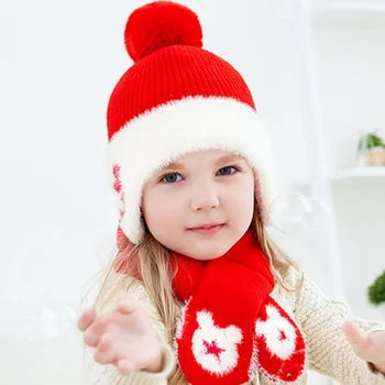 

New Cute Winter Velvet Thicken Warmer Ear Protector Caps Children Pompom Wool Knitted Beanie Hat Scarf Set For Boys Girls