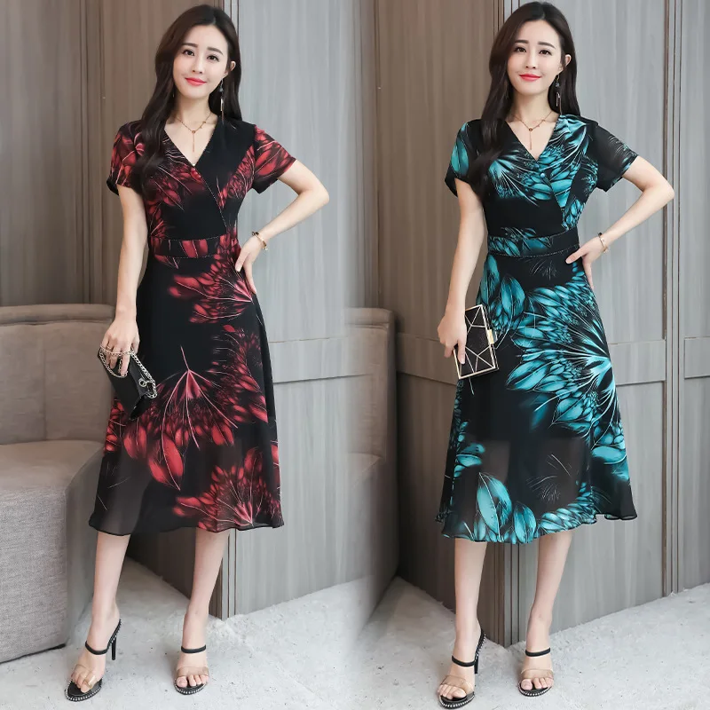 

2018 Summer New Style Korean-style Waist Hugging Slimming Fashion Elegant Ladies' Mid-length Printed Short Sleeve Chiffon Dress