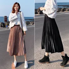 Осень-зима Для женщин длинные юбки эластичный Высокая Талия металлик Цвет Микси юбка Винтаж Повседневное бархатные плиссированные юбки Saia Faldas