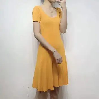 

2020 Spring and Summer New Vitality Youth Bright Yellow Stripe Slim Fit Short Sleeve women's knitted Dress