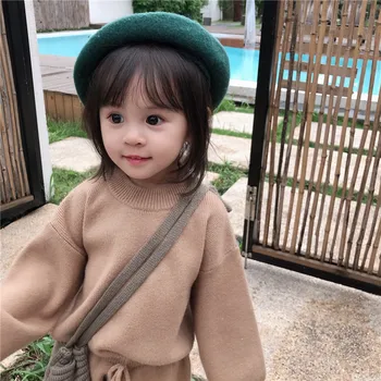 

Girls Set Autumn Korean Version Leisure Loose Core-Spun Yarn Sweater + Wide Legging Pnts Knited 2PCS Children Clothes