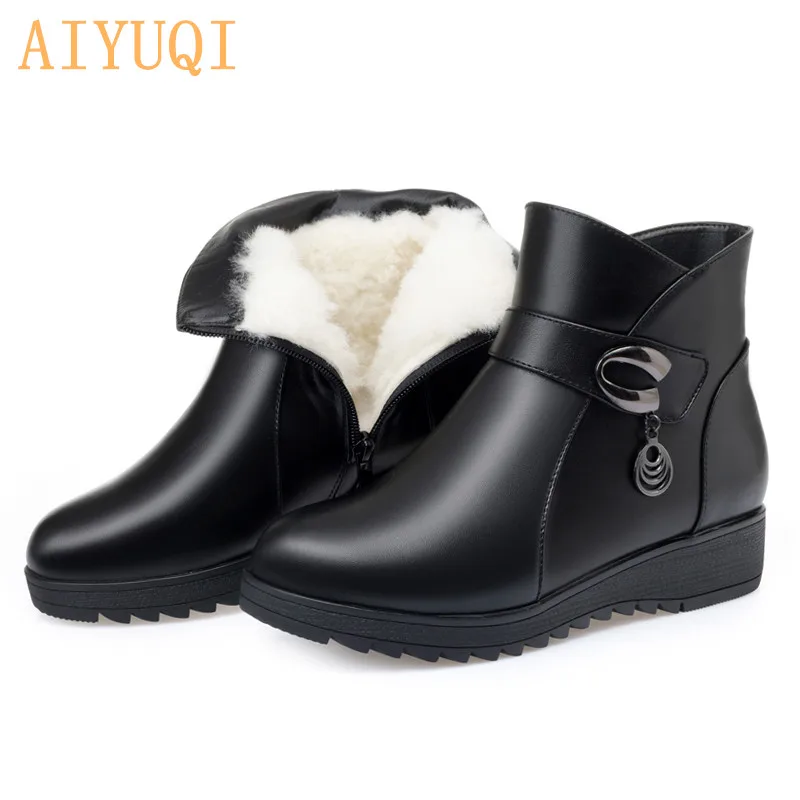 

AIYUQI Boots women shoes genuine leather big size 41 42 43 wool warm winter Non-slip mom flat snow boots for women