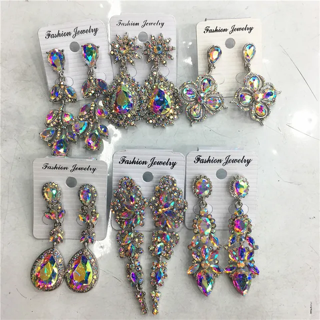 Wholesale Jewelry 12 Pairs Mixed Styles AB Color Crystal Earrings Women Wedding Bridal Rhinestone Drop Dangle Statement Earrings 2