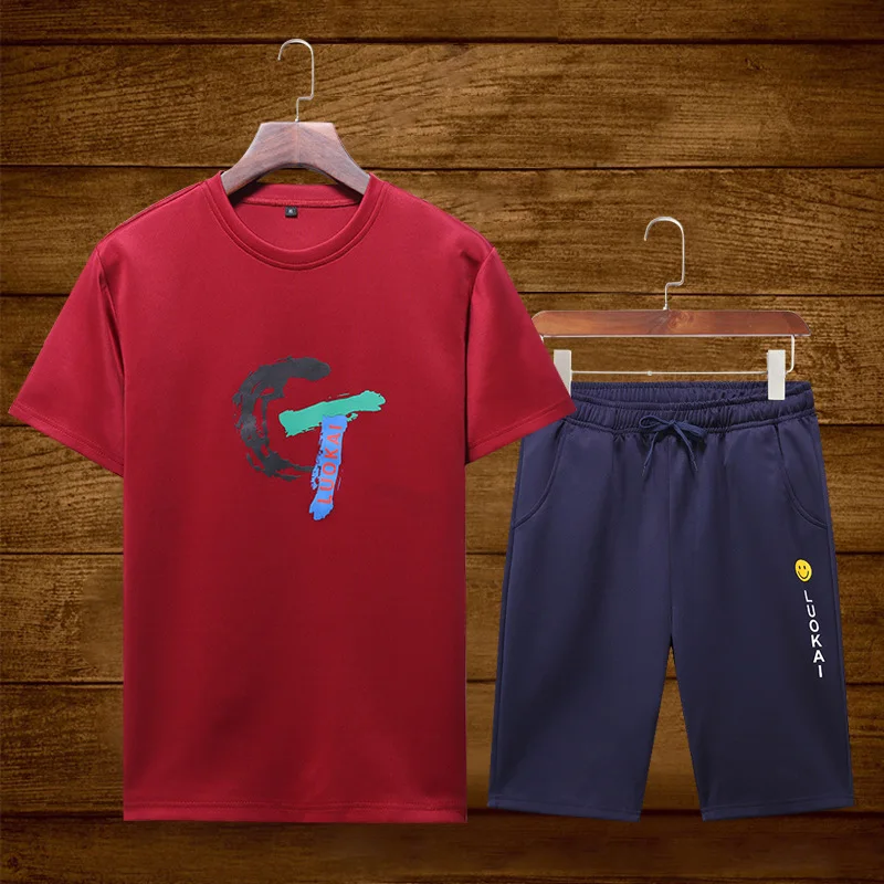 

Men's solid color letter print 2020 summer short-sleeved shorts two-piece fitness outdoor running sports suit