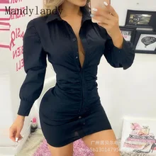 Mandylandy Dress Autumn Solid Color Long Sleeve Single-Breasted Turn-down Collar Dress Women's Fashion Pleated Slim Shirt Dress