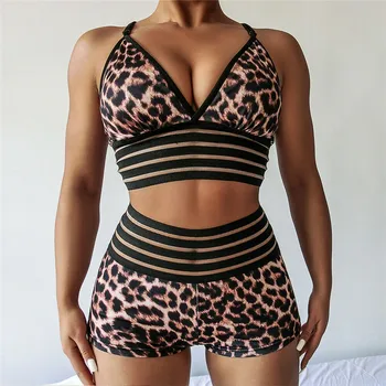 

Women Bustier Crop Tops Shorts 2pcs Leopard Outfits For Ladies Summer 2019 Workout Fitness Clothing Sets Sexy Printed Outfit