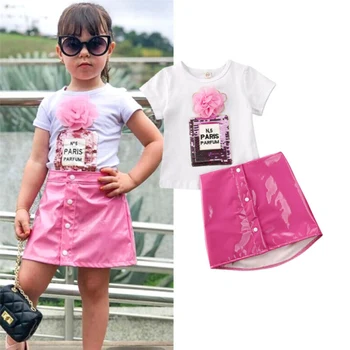 

2020 Fashion Toddler Kid Baby Girls Clothes Set 3D Flower T shirt Tops PU Leather Button Skirts 2pcs Children Girls Outfits