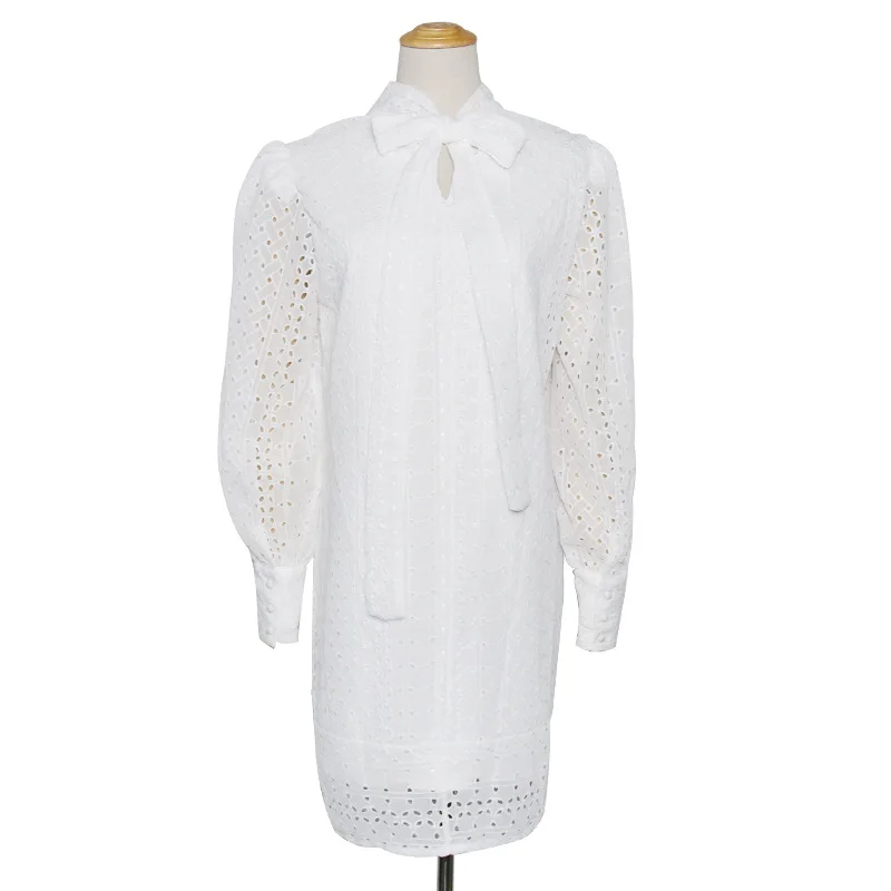 Европейское женское элегантное белое Открытое платье с вышивкой весеннее подиумное мини-платье трапециевидной формы с длинным рукавом-фонариком для женщин - Цвет: Белый