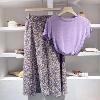 

Summer Pink Women Set Korean O Neck T Shirt Floral Skirt Two Pieces Set for Women 2020 Sweet T-shirts High Waist Skirts Suit