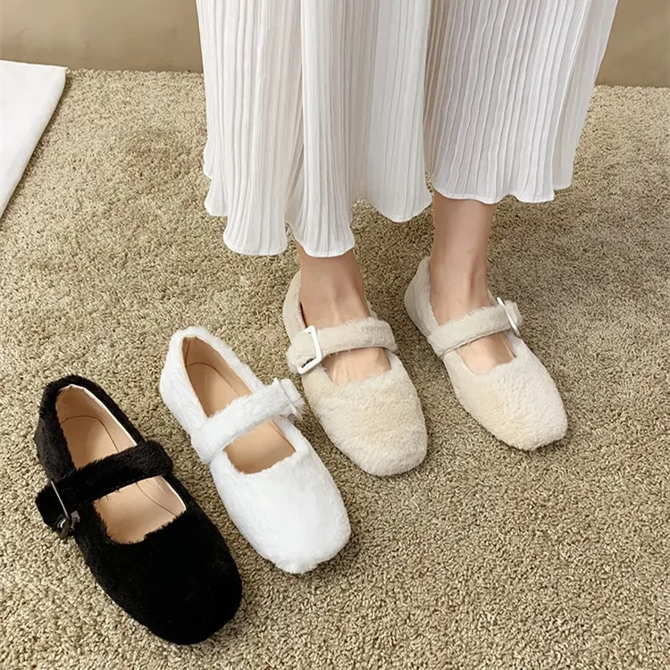 EOEODOIT Autumn Ballet Flats Shoes Casual Fur Shoes Square Toe Retro Fashion Women Lady Elegance Flat Heel Shoes