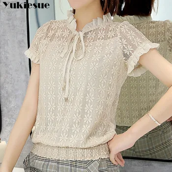 

sweet Short sleeve summer women tops fashion lace women blouse shirt blusas sexy hollow lace women's clothing tops Plus size