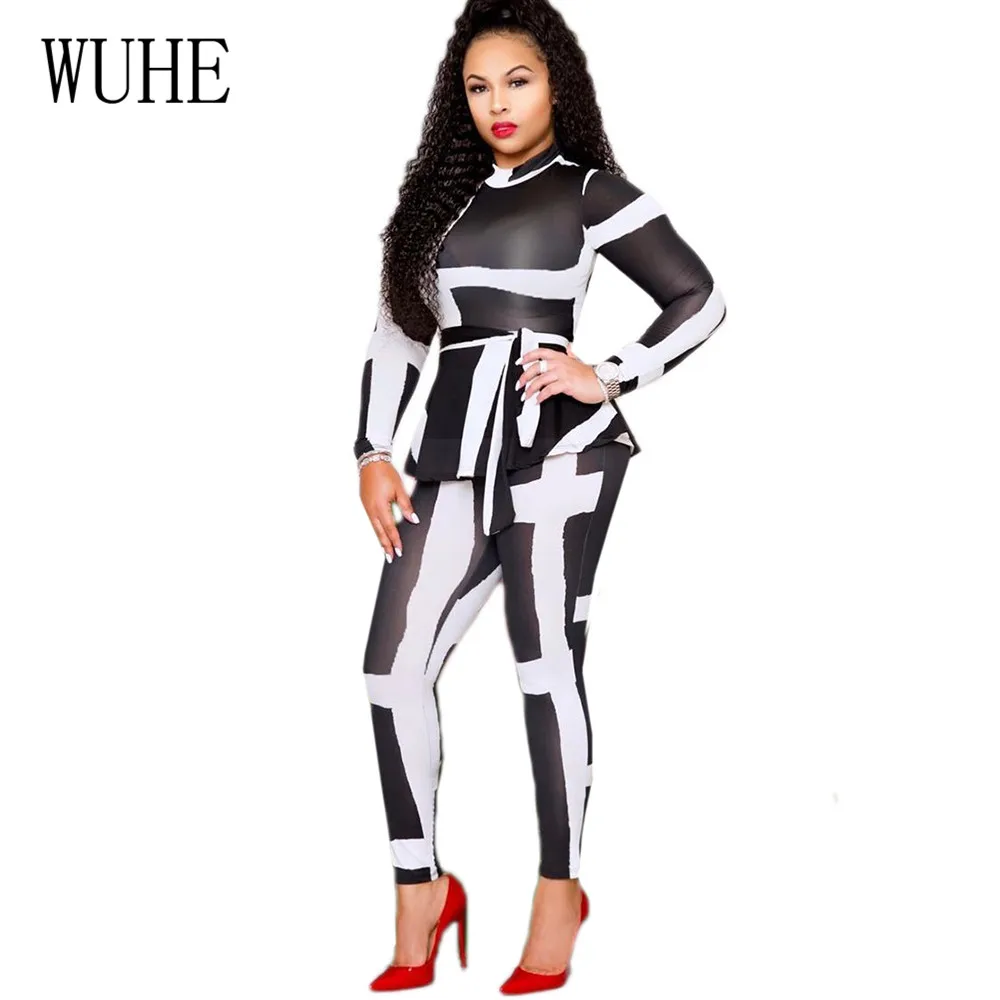 

WUHE Sexy Tight Black and White Contrast Color Two Pieces Jumpsuits with Belt Women Vintage Long Sleeve Clothing Retro Playsuits