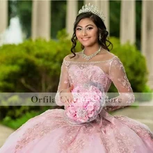 

vestidos de 15 años 2021 Off Shoulder Long Sleeves Appliques Lace Corset Back Quinceanera Prom Party Dress