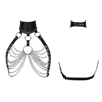 

Punk Goth Leather Harness Bra Black Metal Chain Tops Waist Belt Sexy Hollow Out Harajuku Adjustable Festival Wear Cosplay Women