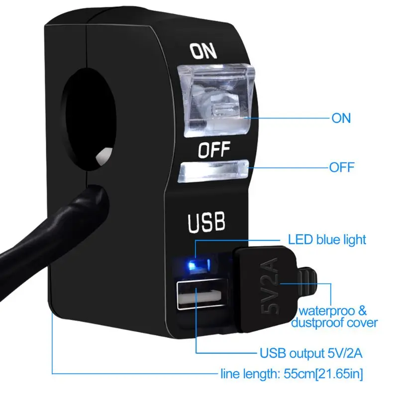 Универсальный 12 В руль мотоцикла USB зарядное устройство адаптер питания с мотоциклом светодиодный выключатель света для мобильного телефона планшета gps