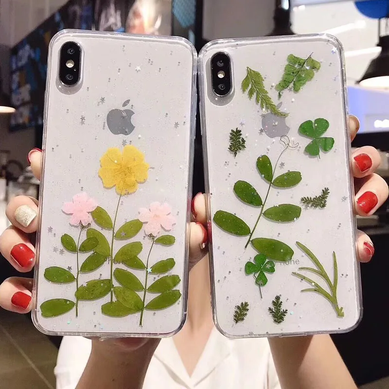 

Shining Beautiful Dried Flowers Soft Bling Phone Case For iPhone X XS XR XS Max 6 6S 7 8 Plus Transparent Real Flower Back Cover