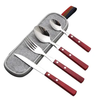 

4-Piece Wood Handle Flatware Set Fork Spoon Knive With Portable Case Portable Utensils Travel Camping Cutlery