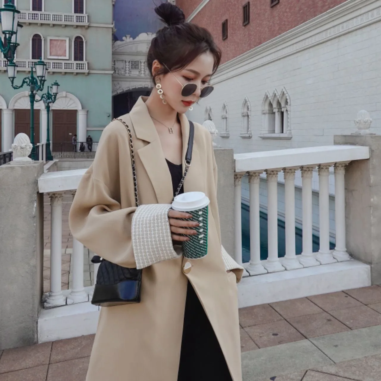 

Photo Shoot 2020 Spring Clothing New Style Graceful Tea Color One-Button Loose-Fit Plaid Stitching Cuff Suit Jacket Women's