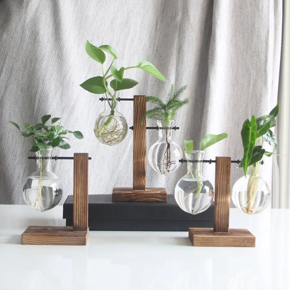 Стеклянная и деревянная ваза для растений, настольный стол для террариума, гидропоника, бонсай, цветочный горшок, подвесные горшки с деревянным поддоном, домашний декор