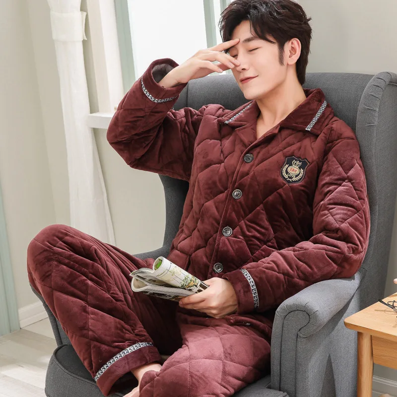 

Men Pajamas Winter Thick Coral Velvet Three Layer Padded plus Velvet Crystal Velvet Winter Style Homewear Set 8313