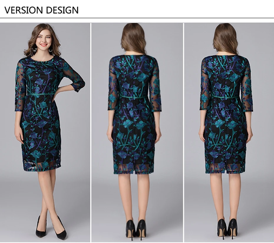 New Arrival Spring Vintage Dress Three Quarter Knee Length Plus Size Pattern Embroidery elegant lady Lace Dress 16133