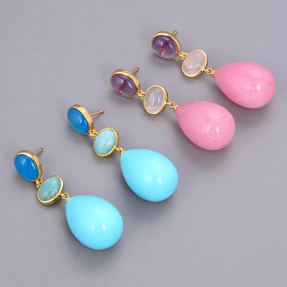 

Natural Teardrop Amethysts Amazonites Agates Jades Quartzs Aventurines Dangle Stud Earrings For Women 4.9