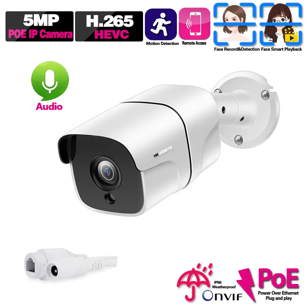 Лицевая запись аудио PoE IP камера 5MP 2592*1944 HD наружная Водонепроницаемая