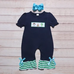 Vêtements d'été pour filles, manchettes élastiques, bleu marine, manches courtes, motif de broderie Cactus et tente, barboteuse pour bébés 