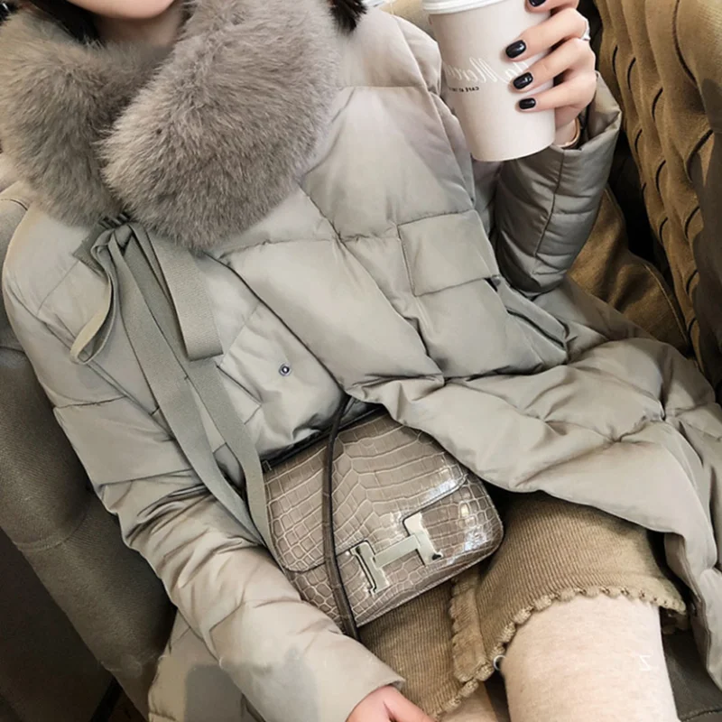 new style winter down jacket over knee medium and long style loose women coat white fox wool collar fashion lady clothes