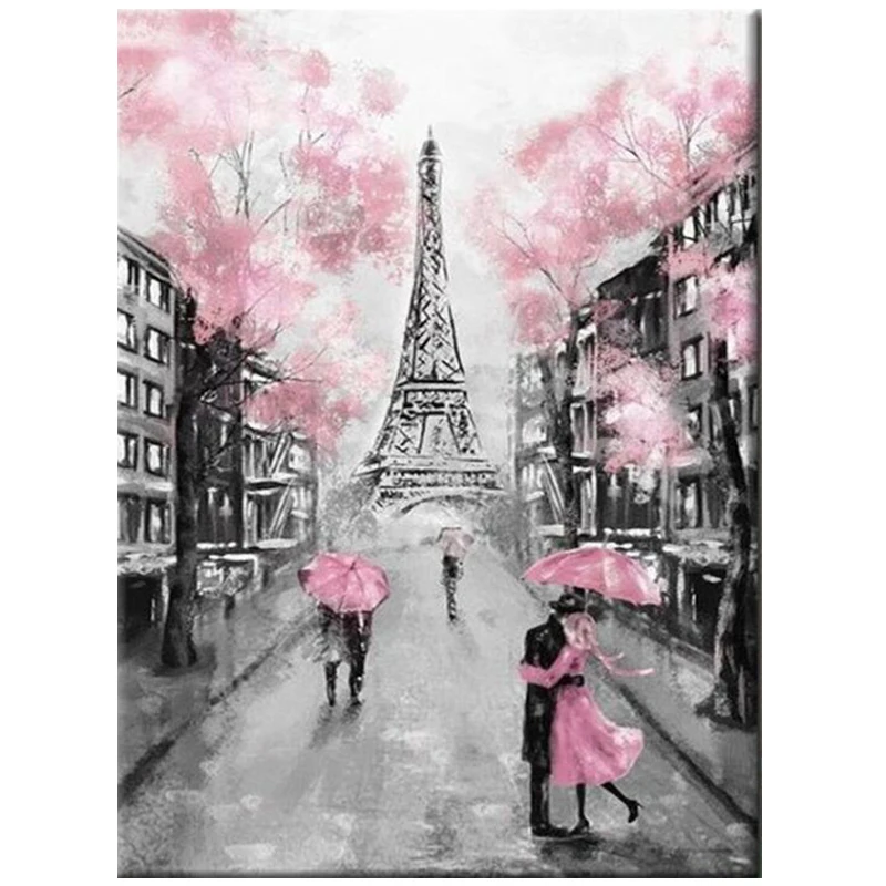 5D Diy diamond painting pink umbrella rainy day landscape wedding decoration embroidery mosaic romantic couple