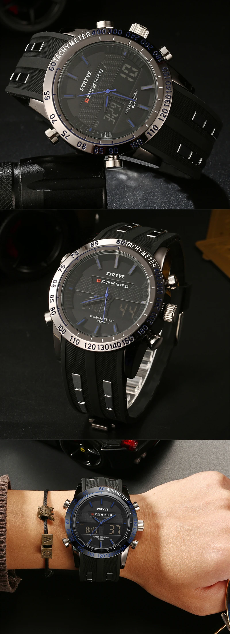 STRYVE Casual Watch Men Sport LED Digital Watch Waterproof Quartz Watches Men Luxury Brand Steel Band Relogio Masculino Clock