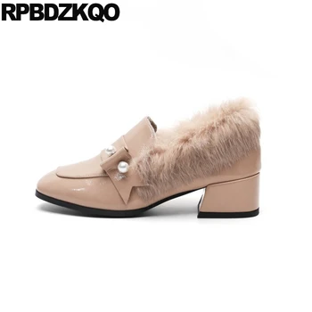 

thick plus size casual pink patent leather pumps block 11 43 genuine luxury women shoes pearl slip on 2019 square toe fur 10 42