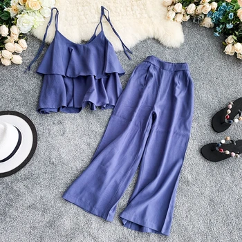 

Vintage 2020 Summer Two Piece Set Ruffles Strap Chic Tops And Elastic Waist Full Length Pants Female Casual Two Piece Suit Sets